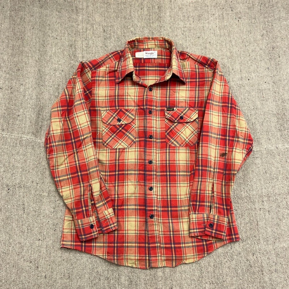 Vintage Wrangler Flannel Button Up Shirt Mens Large Red 1970s Plaid‎